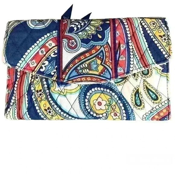 Vera Bradley, Paisley Print Wallet, White/Blue/Yellow, Red, 8”x4.5” - Picture 1 of 8